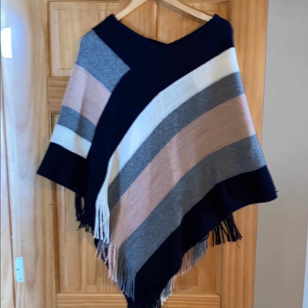 Chic Striped Poncho - Black, Gray, Pink